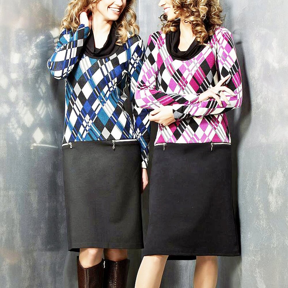 Work Ready Long Sleeve Dress with Cowl Neck and Zip Pockets in Blue Plaid Print